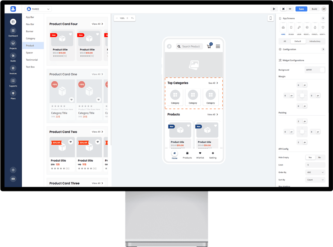 BuildeCom visual app builder with live mobile preview