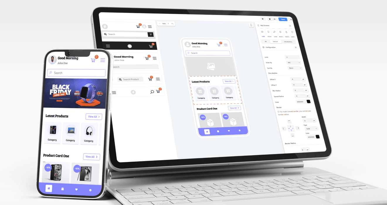 BuildeCom app builder interface shown across desktop and mobile