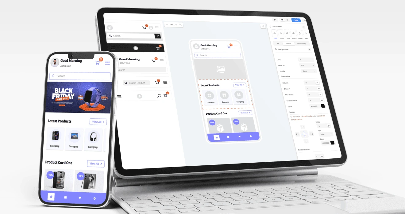 BuildeCom app builder interface shown across desktop and mobile