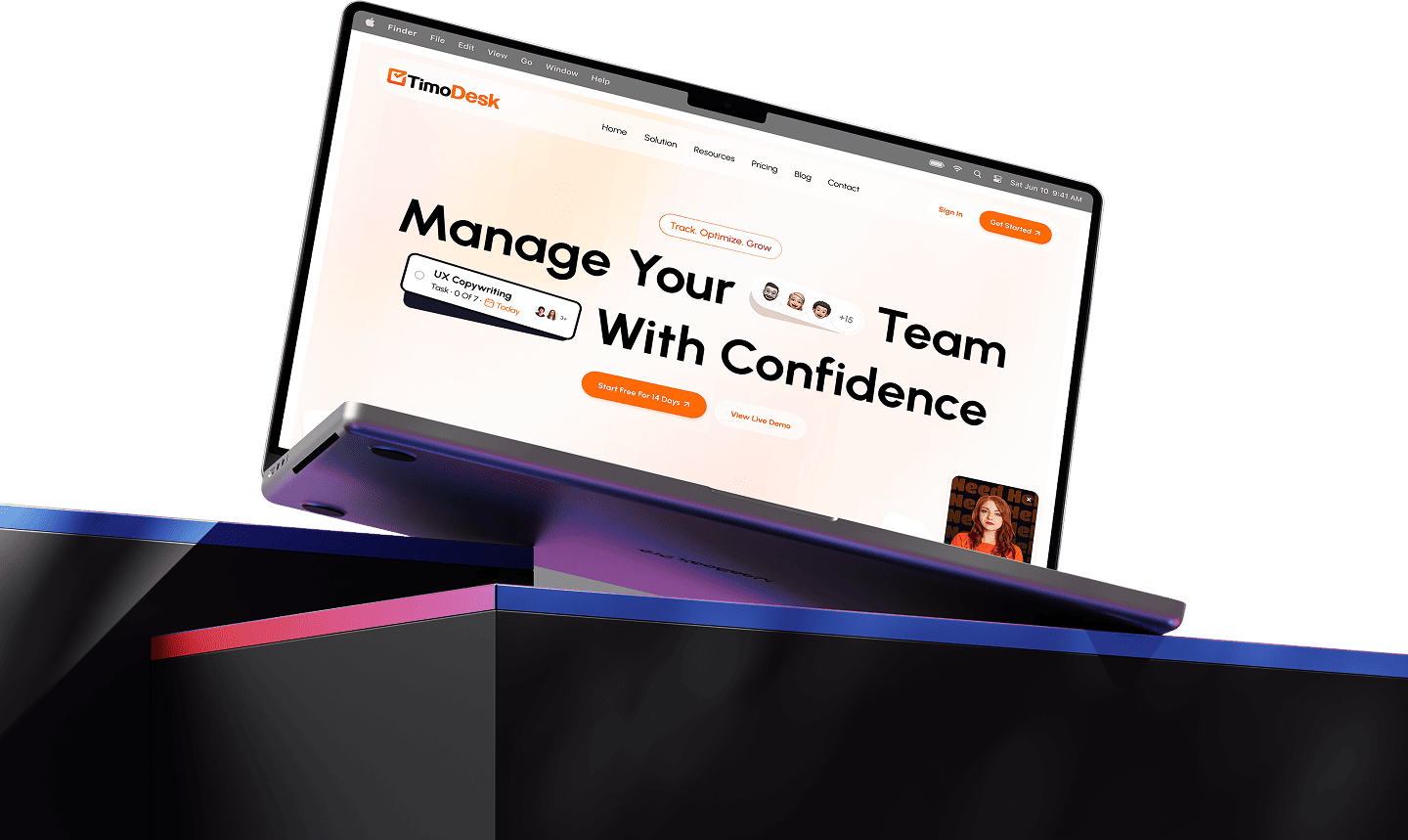 TimoDesk marketing experience displayed on a laptop
