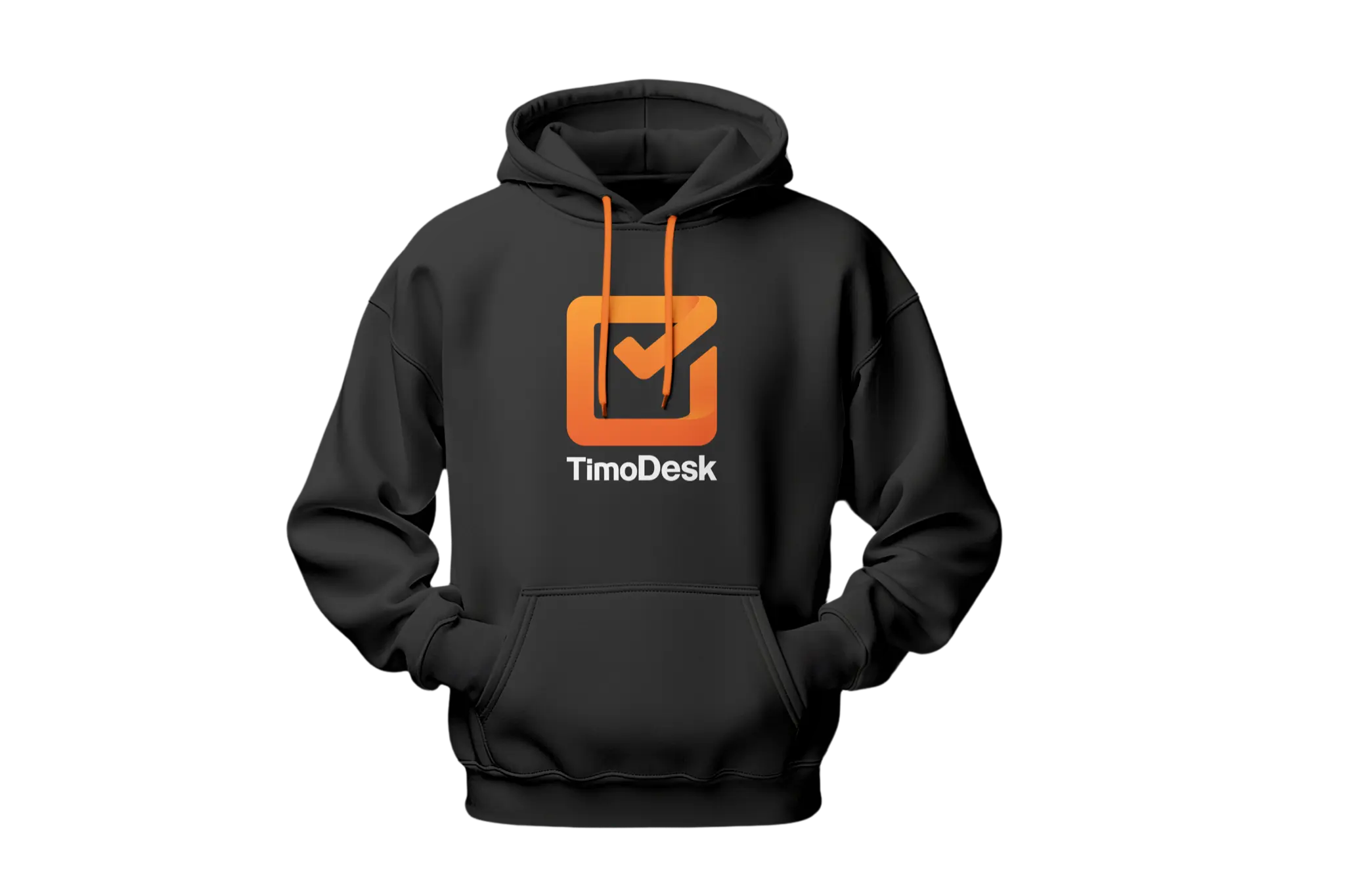 TimoDesk logo applied to a black hoodie