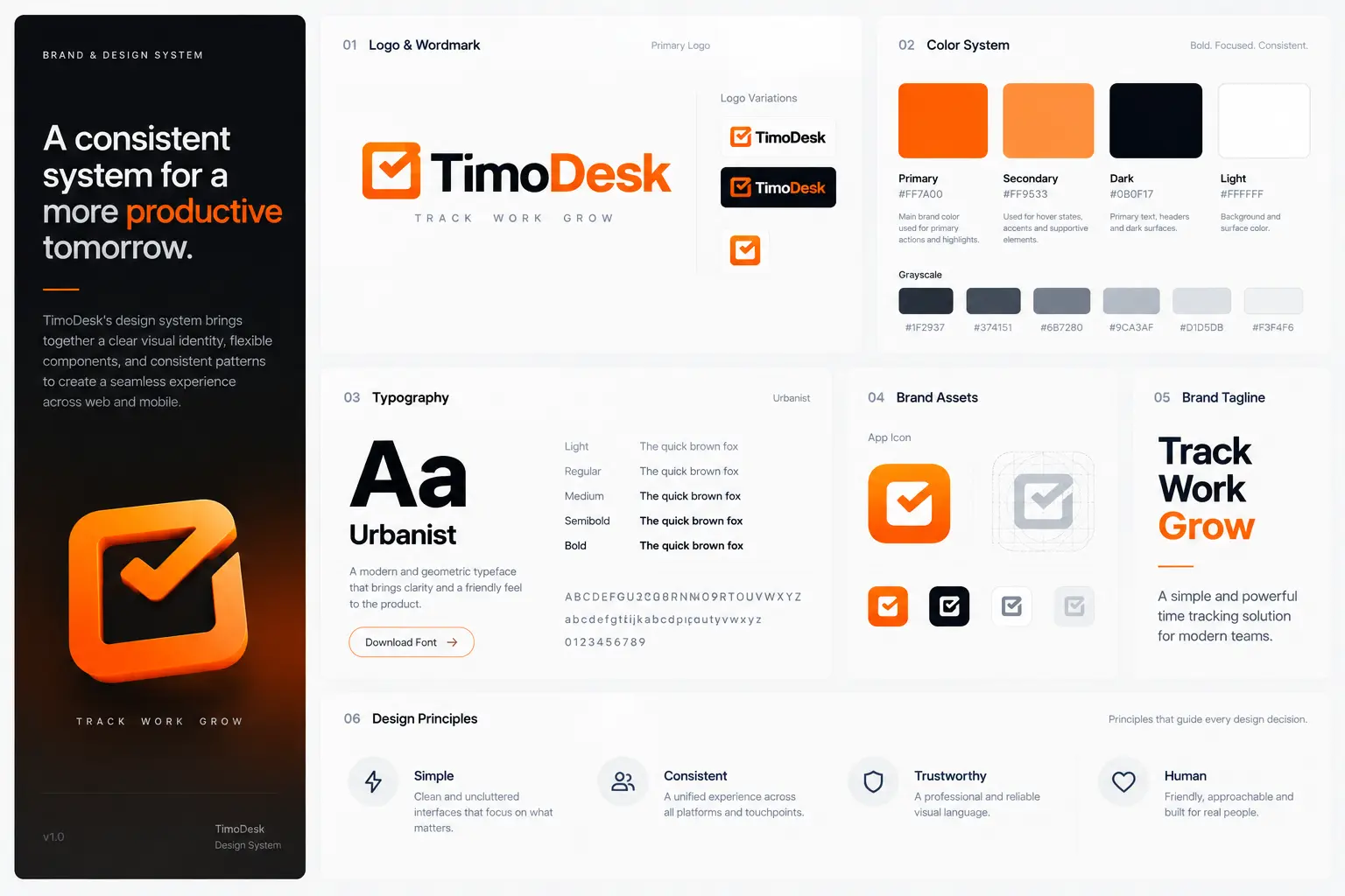 TimoDesk brand and design system including logo, colours, typography, and design principles