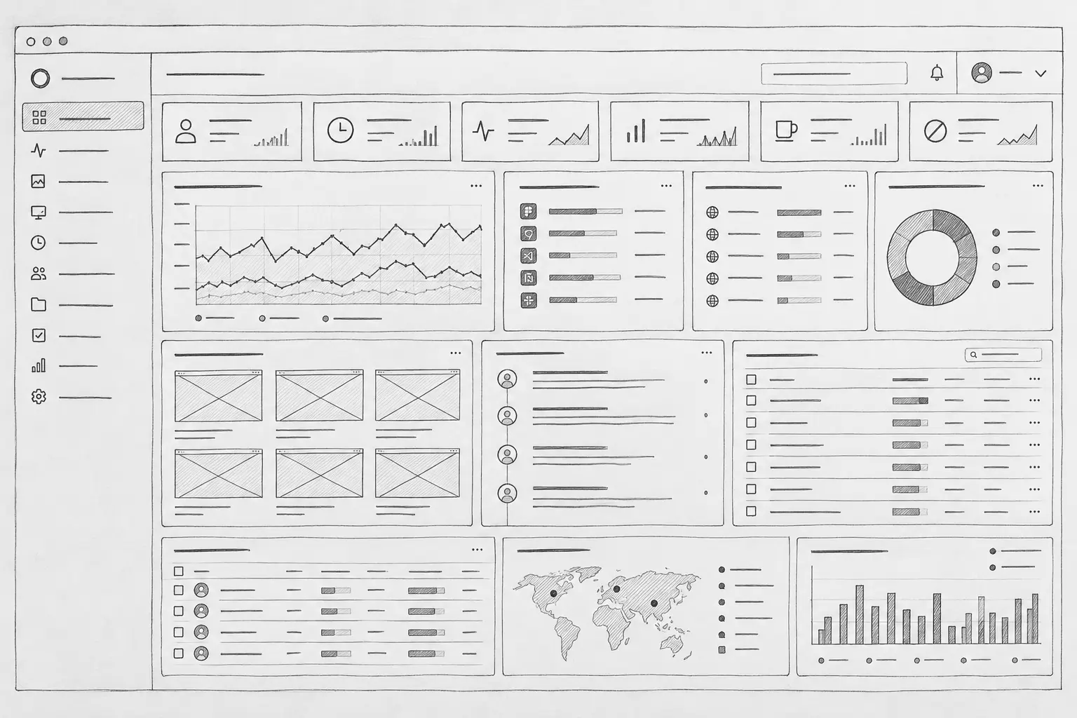 Early TimoDesk dashboard wireframe showing a dense monitoring-first hierarchy